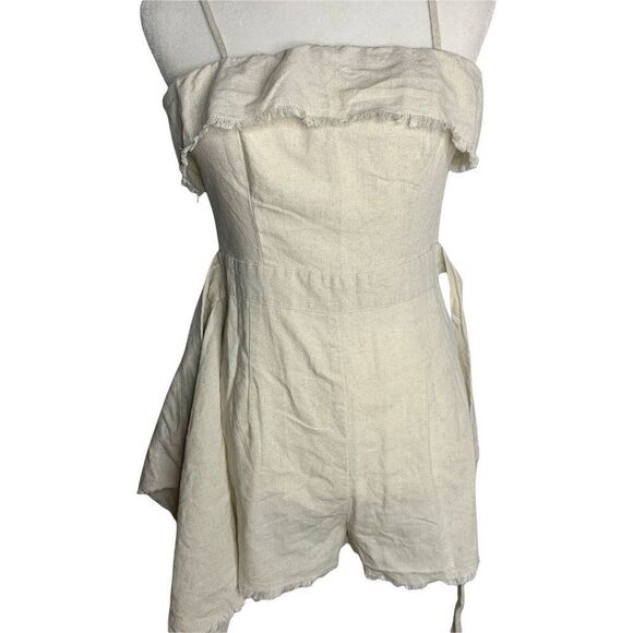 Princess Polly Linen Rally Romper 2 Beige Adjustable Straps Faux Wrap Tie Waist - Picture 7 of 8